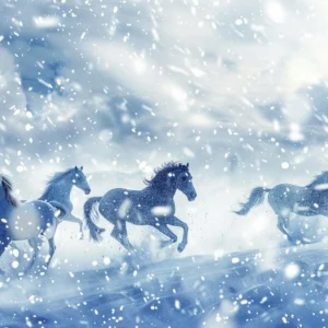 Chevaux sauvages galopant dans la tempête de neige hivernale