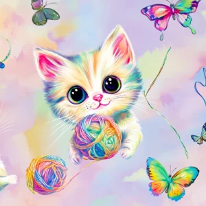 Papier peint chatons colorés arc-en-ciel avec papillons et pelotes