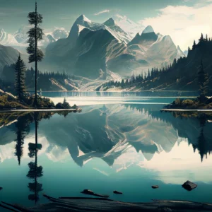 Paysage de Montagne avec Lac et Forêt de Conifères Reflets