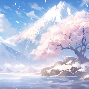 Paysage Montagnard Sakura Cerisier en Fleurs Style Anime Japonais