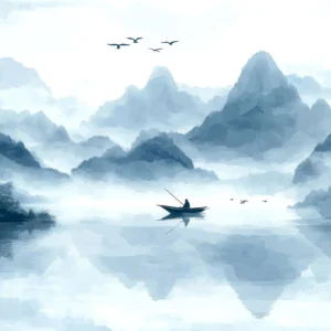 Paysage montagneux brumeux avec barque et oiseaux en vol