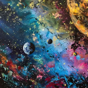 Papier Peint Cosmique Abstrait aux Couleurs Éclatantes et Planètes