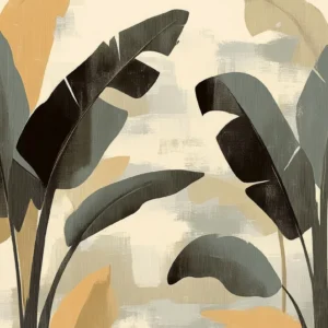 Papier peint tropical moderne aux feuilles stylisées grises et ocre