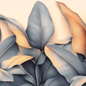 Papier peint feuillage tropical moderne aux tons dorés et bleus