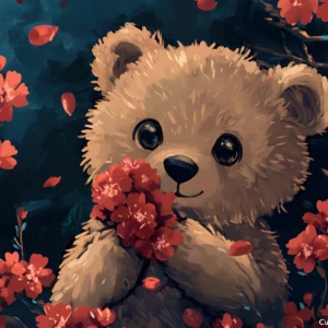 Papier Peint Ourson Adorable dans Jardin de Fleurs Corail