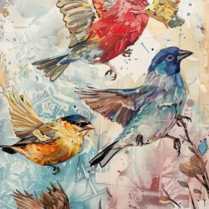Papier Peint Artistique Oiseaux Multicolores sur Fond Aquarelle Vintage