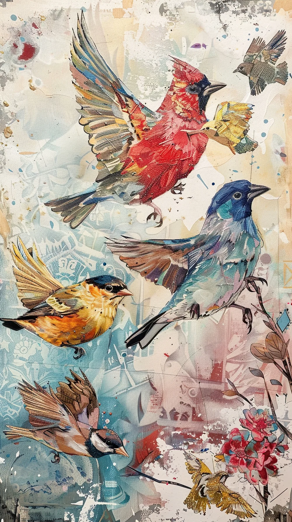 Papier Peint Artistique Oiseaux Multicolores sur Fond Aquarelle Vintage