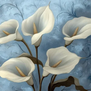 Papier peint floral élégant arums blancs fond bleu délicat