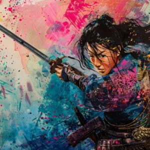 Guerrier Samouraï dans Explosion de Couleurs Artistiques Contemporaines