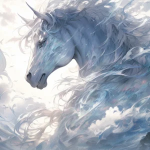 Licorne Céleste dans les Nuages Bleus et Blancs Mystiques