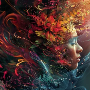 Portrait Artistique aux Flammes Colorées et Éléments Floraux Abstraits