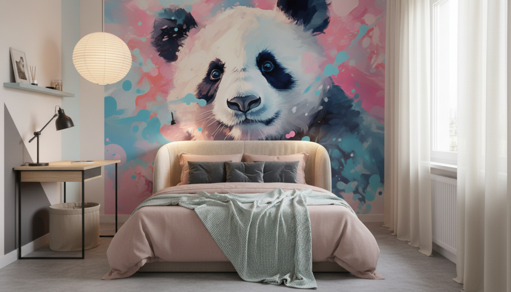 Panda Artistique Aquarelle Multicolore Fond Éclaboussures Pastel - Chambre ado