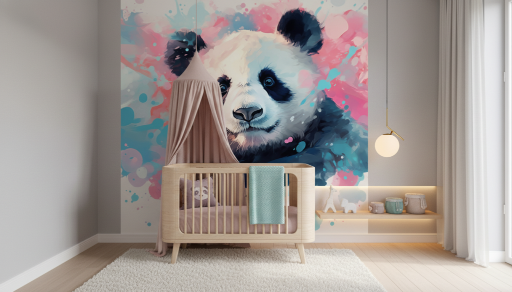 Panda Artistique Aquarelle Multicolore Fond Éclaboussures Pastel - Chambre bébé