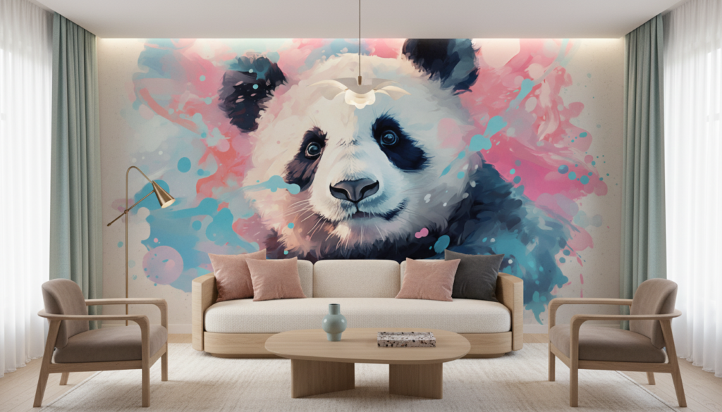 Panda Artistique Aquarelle Multicolore Fond Éclaboussures Pastel - Salon / Séjour