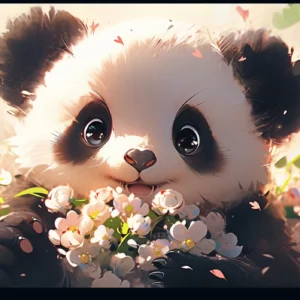 Papier Peint Panda Mignon dans Jardin de Fleurs Roses