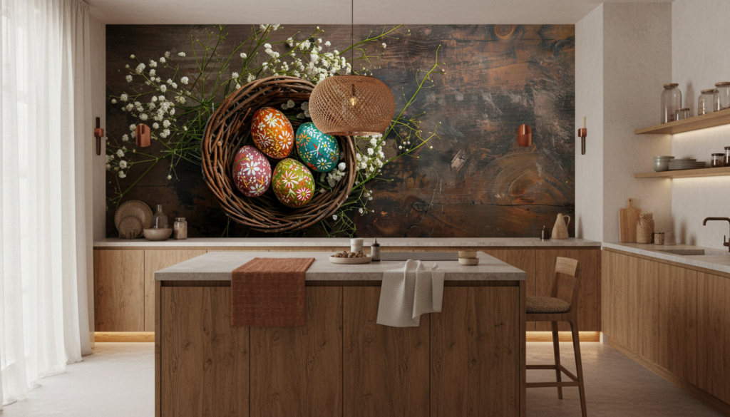 Panier d'œufs de Pâques colorés avec fleurs printanières - Cuisine