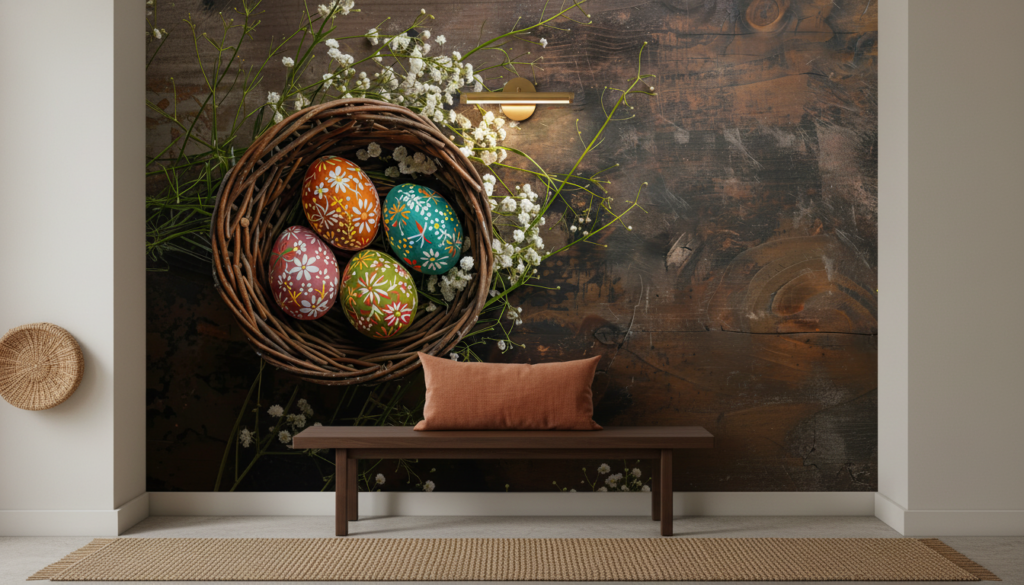 Panier d'œufs de Pâques colorés avec fleurs printanières - Entrée