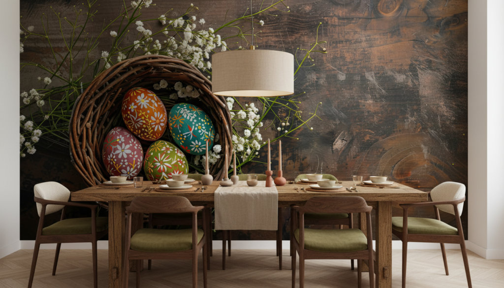 Panier d'œufs de Pâques colorés avec fleurs printanières - Salle à manger