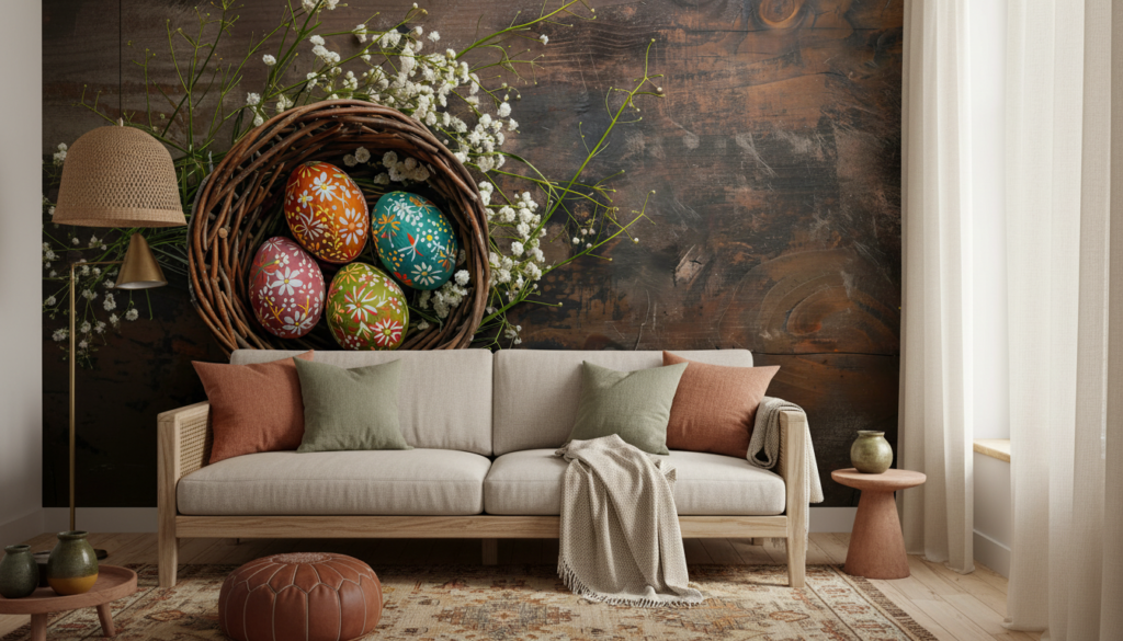 Panier d'œufs de Pâques colorés avec fleurs printanières - Salon / Séjour