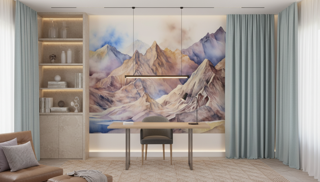 Panorama montagneux aquarelle aux tons pastel et nuances naturelles - Bureau