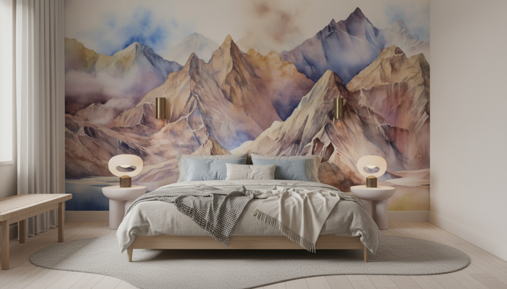 Panorama montagneux aquarelle aux tons pastel et nuances naturelles - Chambre adulte