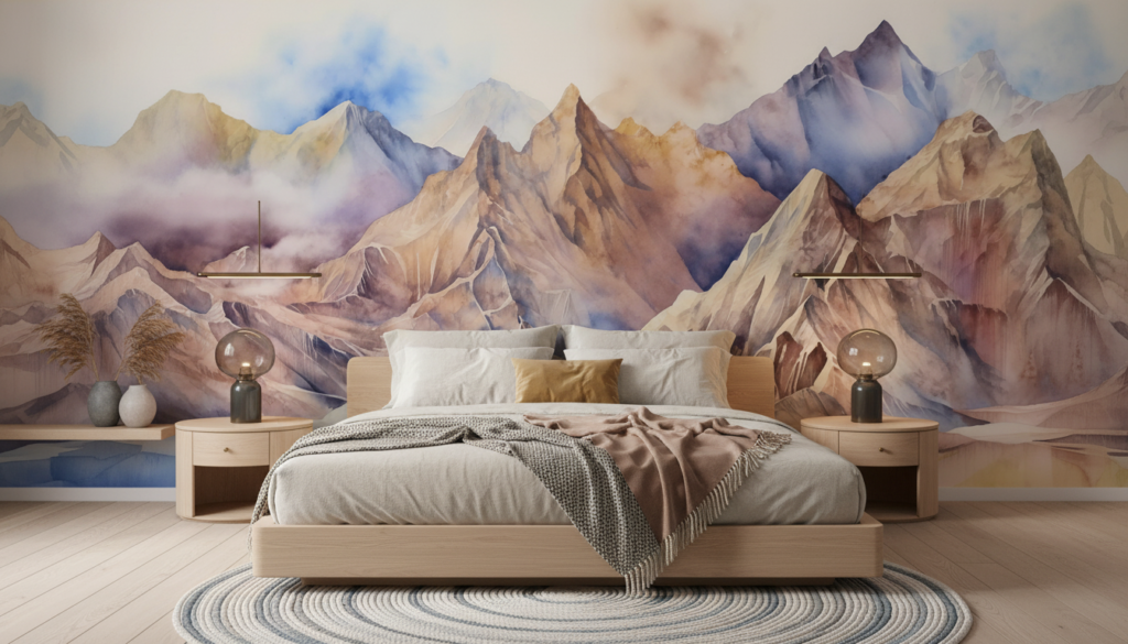 Panorama montagneux aquarelle aux tons pastel et nuances naturelles - Chambre adulte