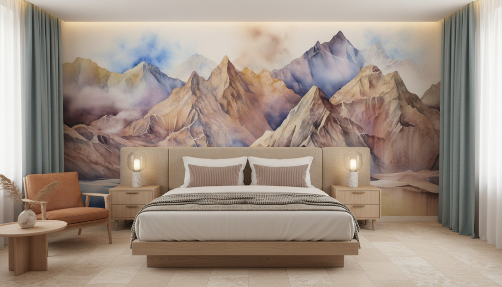 Panorama montagneux aquarelle aux tons pastel et nuances naturelles - Hôtel