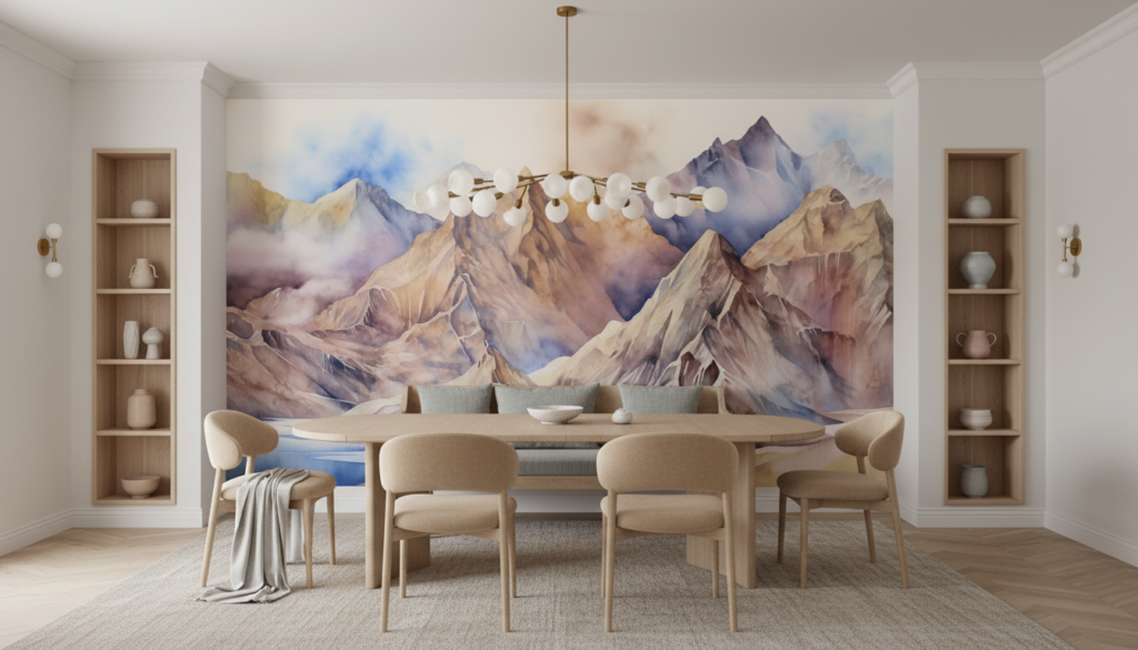 Panorama montagneux aquarelle aux tons pastel et nuances naturelles - Salle à manger