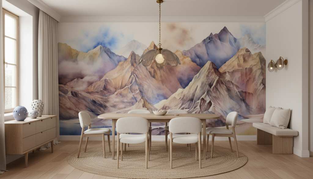 Panorama montagneux aquarelle aux tons pastel et nuances naturelles - Salle à manger
