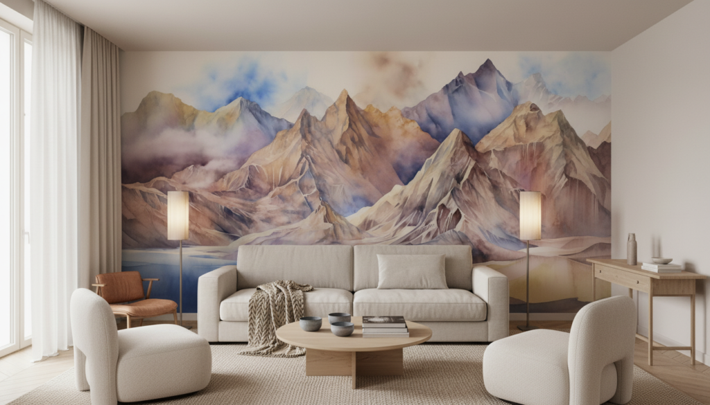 Panorama montagneux aquarelle aux tons pastel et nuances naturelles - Salon / Séjour