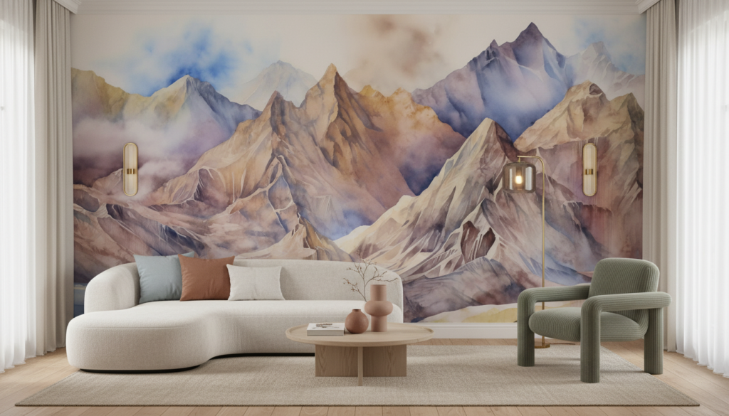 Panorama montagneux aquarelle aux tons pastel et nuances naturelles - Salon / Séjour