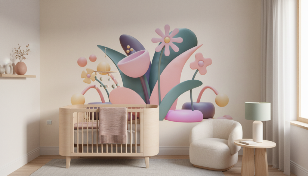 Papier Peint 3D Abstrait Floral Pastel Moderne Minimaliste - Chambre bébé
