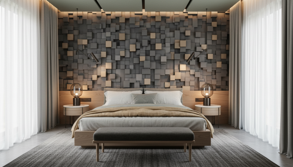 Papier peint 3D cubes géométriques relief moderne gris beige - Chambre adulte