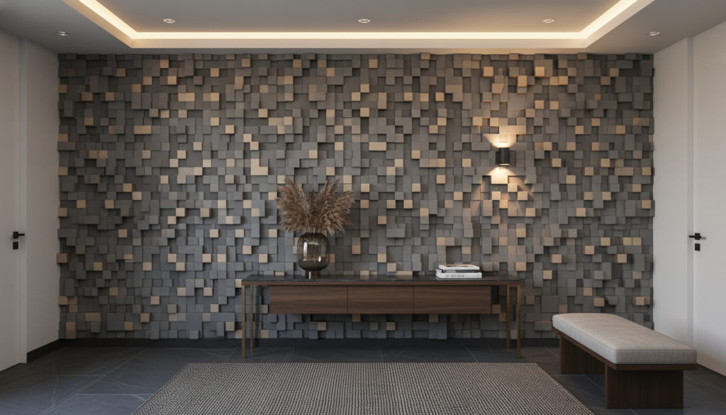 Papier peint 3D cubes géométriques relief moderne gris beige - Entrée