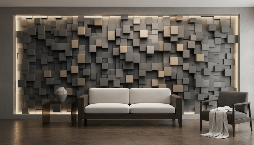 Papier peint 3D cubes géométriques relief moderne gris beige - Hôtel