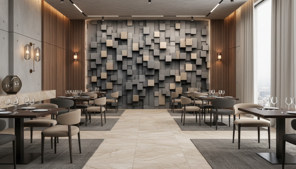 Papier peint 3D cubes géométriques relief moderne gris beige - Restaurant