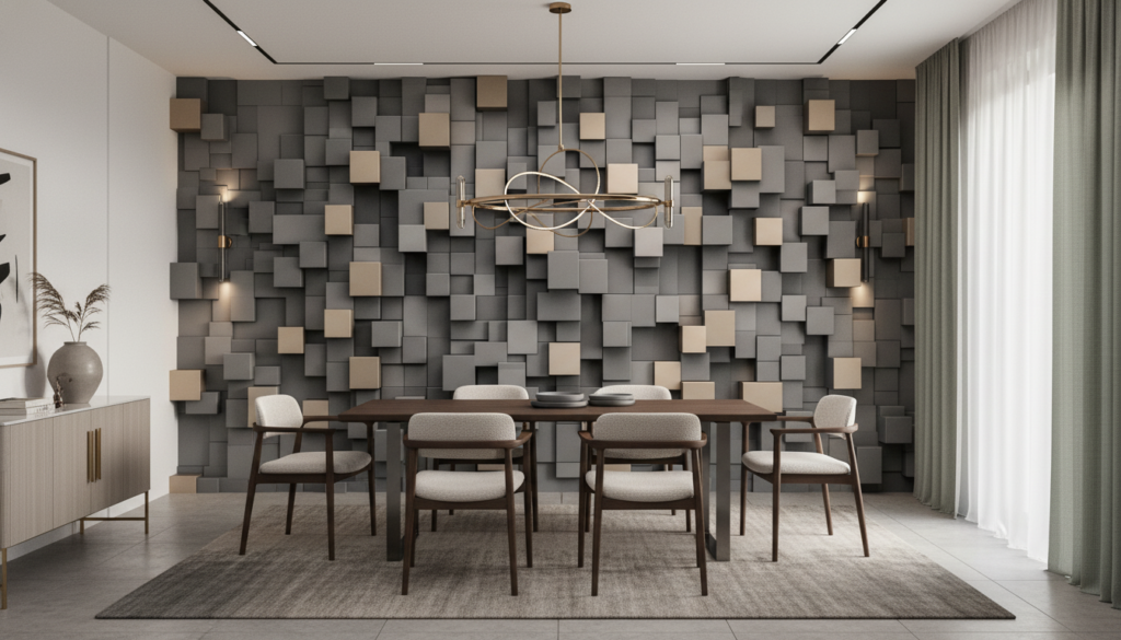 Papier peint 3D cubes géométriques relief moderne gris beige - Salle à manger
