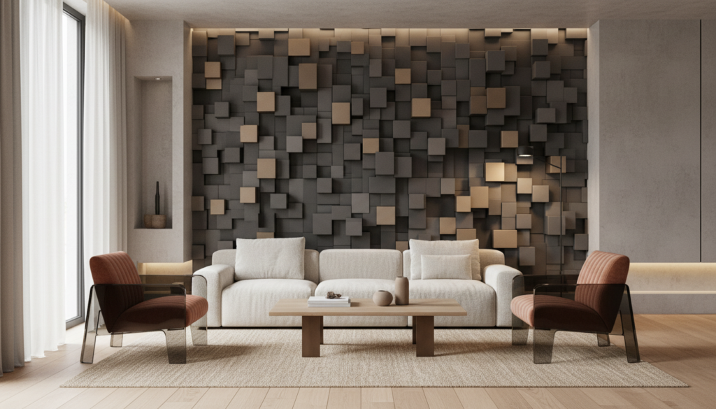 Papier peint 3D cubes géométriques relief moderne gris beige - Salon / Séjour