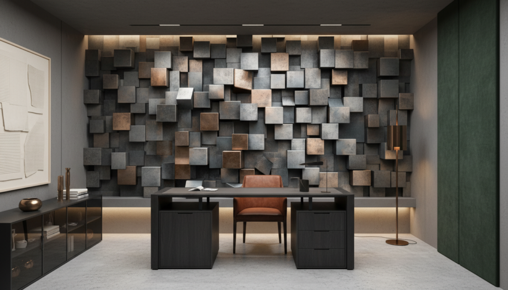 Papier peint 3D cubes métalliques effet bronze et gris industriel - Bureau