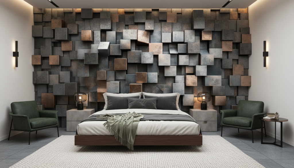 Papier peint 3D cubes métalliques effet bronze et gris industriel - Chambre adulte