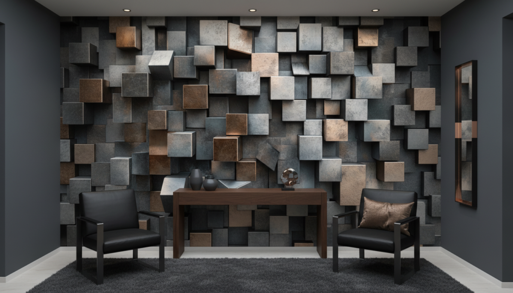 Papier peint 3D cubes métalliques effet bronze et gris industriel - Entrée