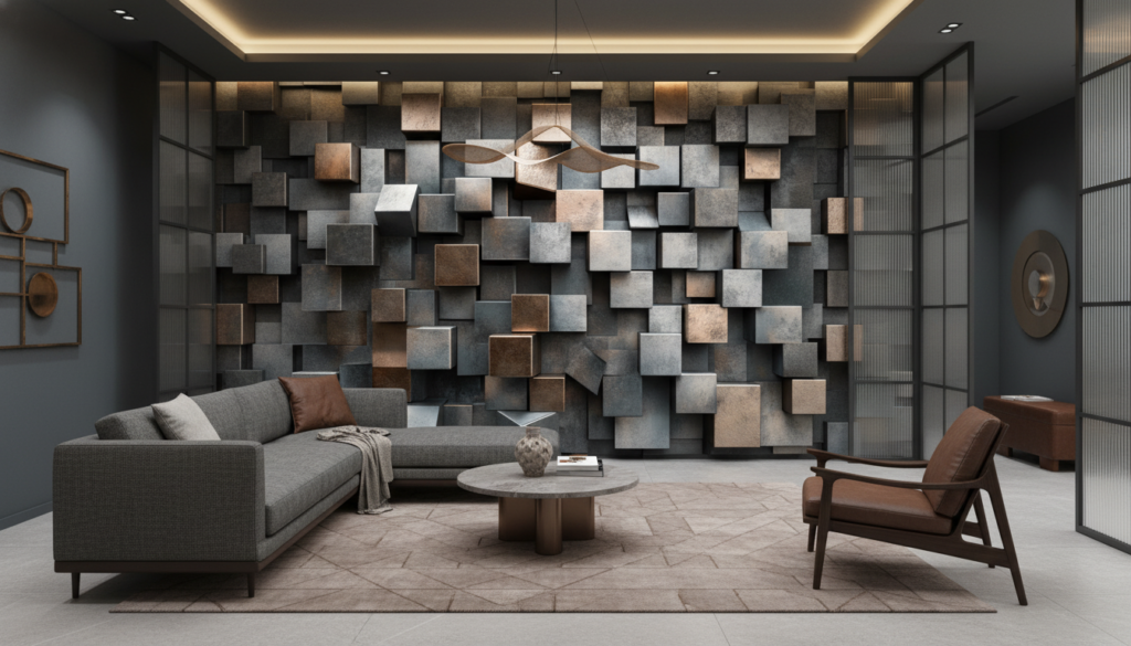 Papier peint 3D cubes métalliques effet bronze et gris industriel - Hôtel