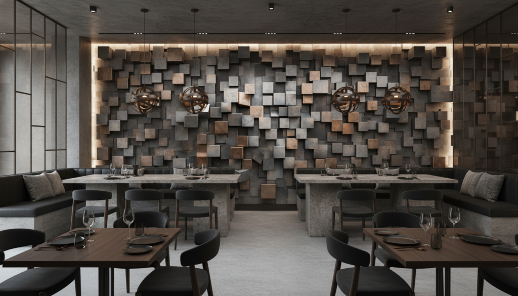 Papier peint 3D cubes métalliques effet bronze et gris industriel - Restaurant