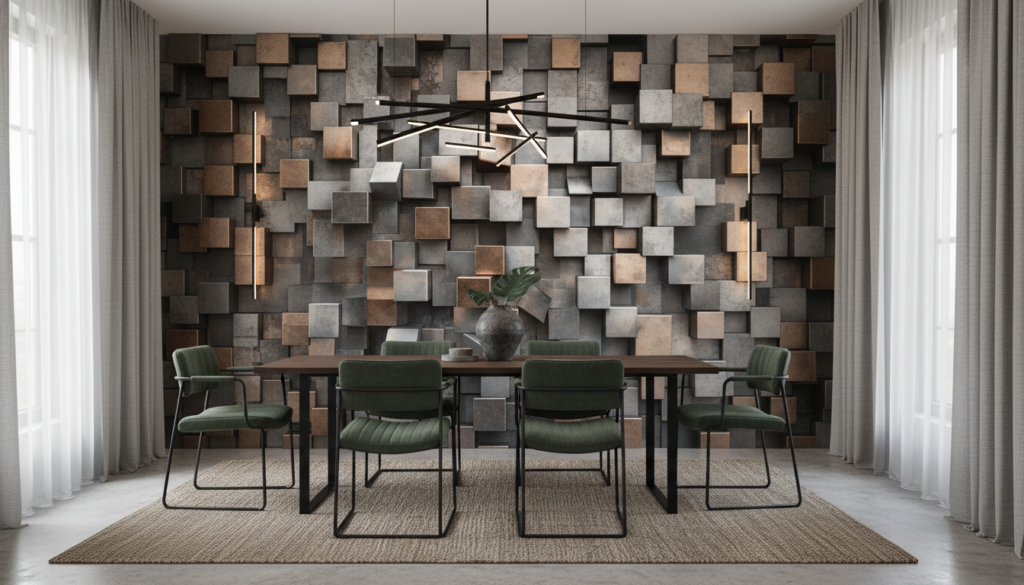 Papier peint 3D cubes métalliques effet bronze et gris industriel - Salle à manger