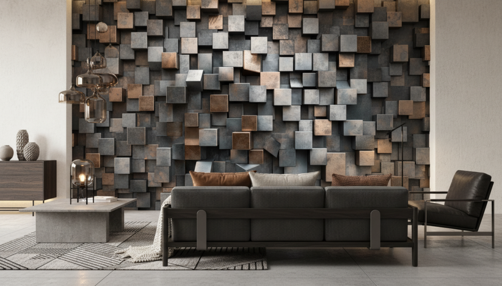 Papier peint 3D cubes métalliques effet bronze et gris industriel - Salon / Séjour