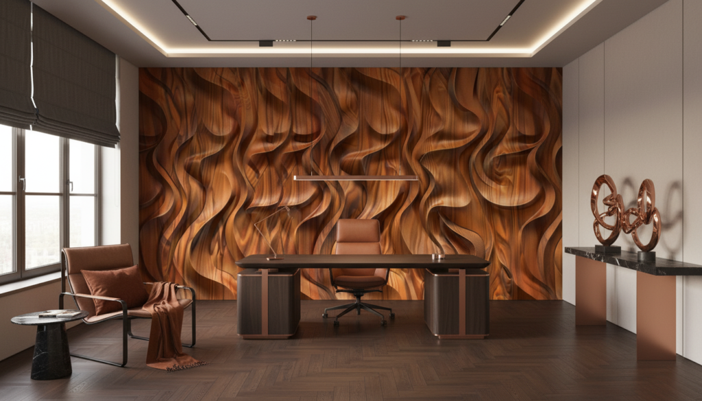 Papier Peint 3D Ondulations Bois Sculptural Effet Relief Cuivré - Bureau