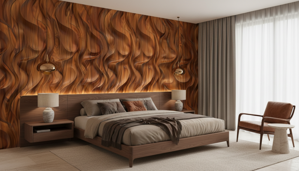 Papier Peint 3D Ondulations Bois Sculptural Effet Relief Cuivré - Chambre adulte