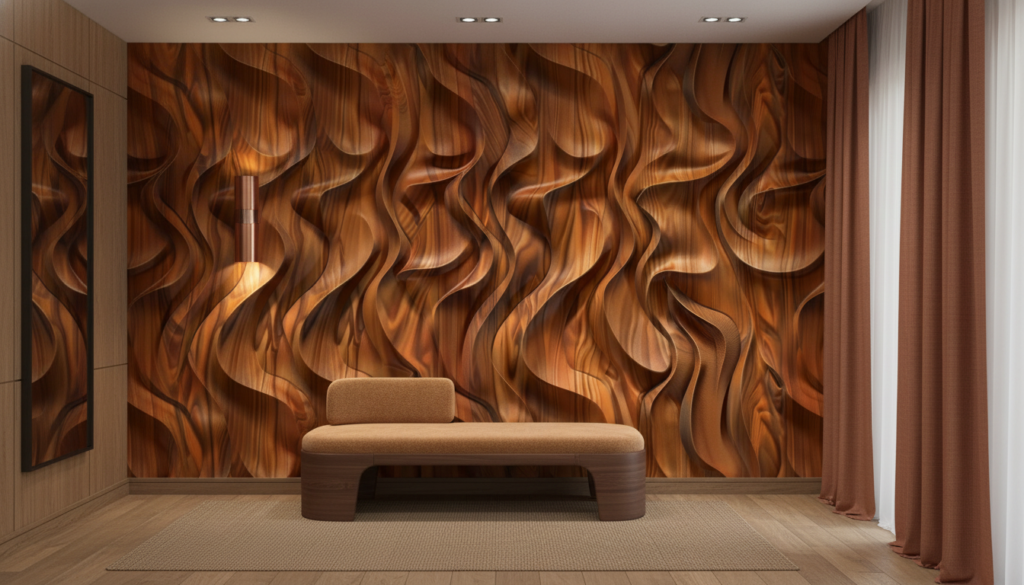 Papier Peint 3D Ondulations Bois Sculptural Effet Relief Cuivré - Entrée