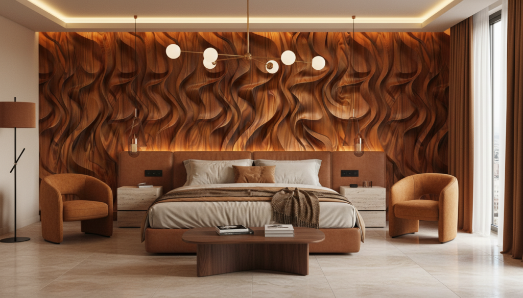 Papier Peint 3D Ondulations Bois Sculptural Effet Relief Cuivré - Hôtel