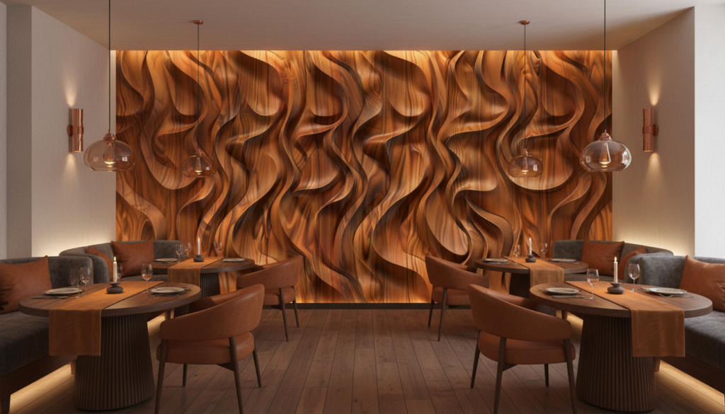 Papier Peint 3D Ondulations Bois Sculptural Effet Relief Cuivré - Restaurant